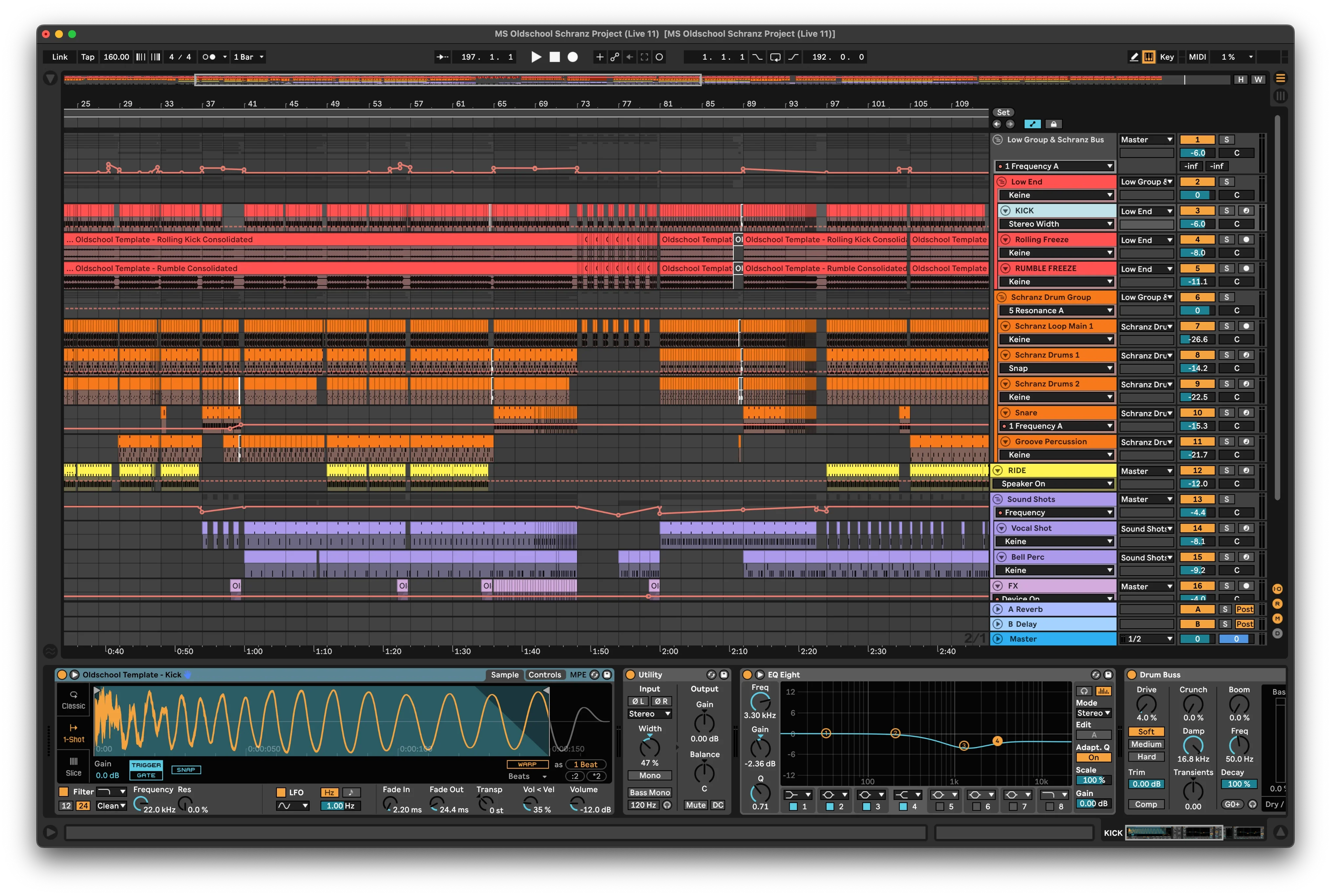 Ableton Live project with hard techno and Schranz drum patterns, heavy kicks, distorted synths