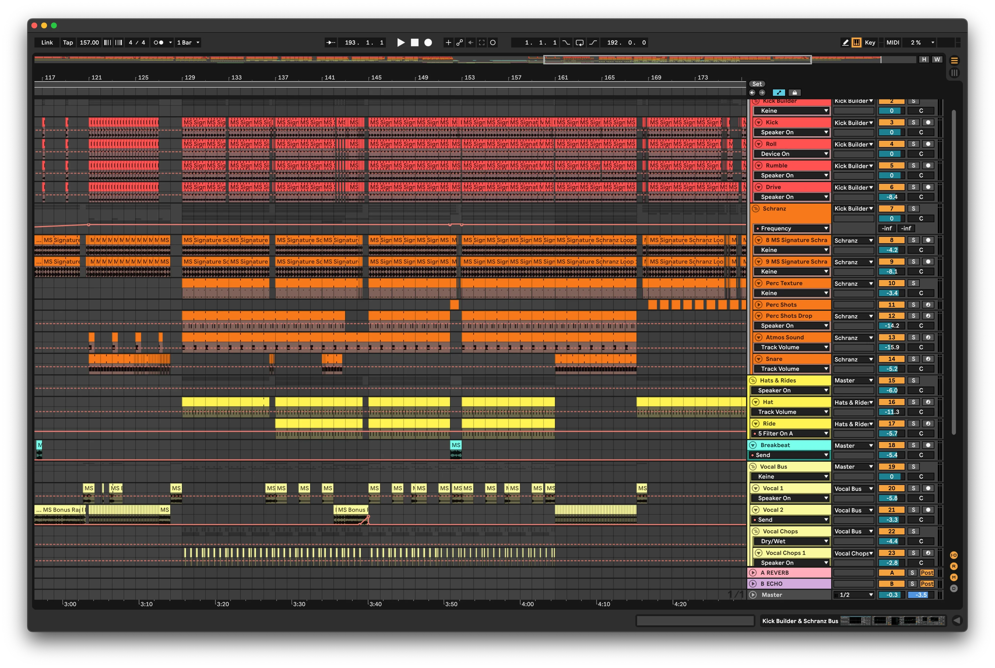 Ableton Live project featuring hard techno and Schranz sample tracks with colored audio clips