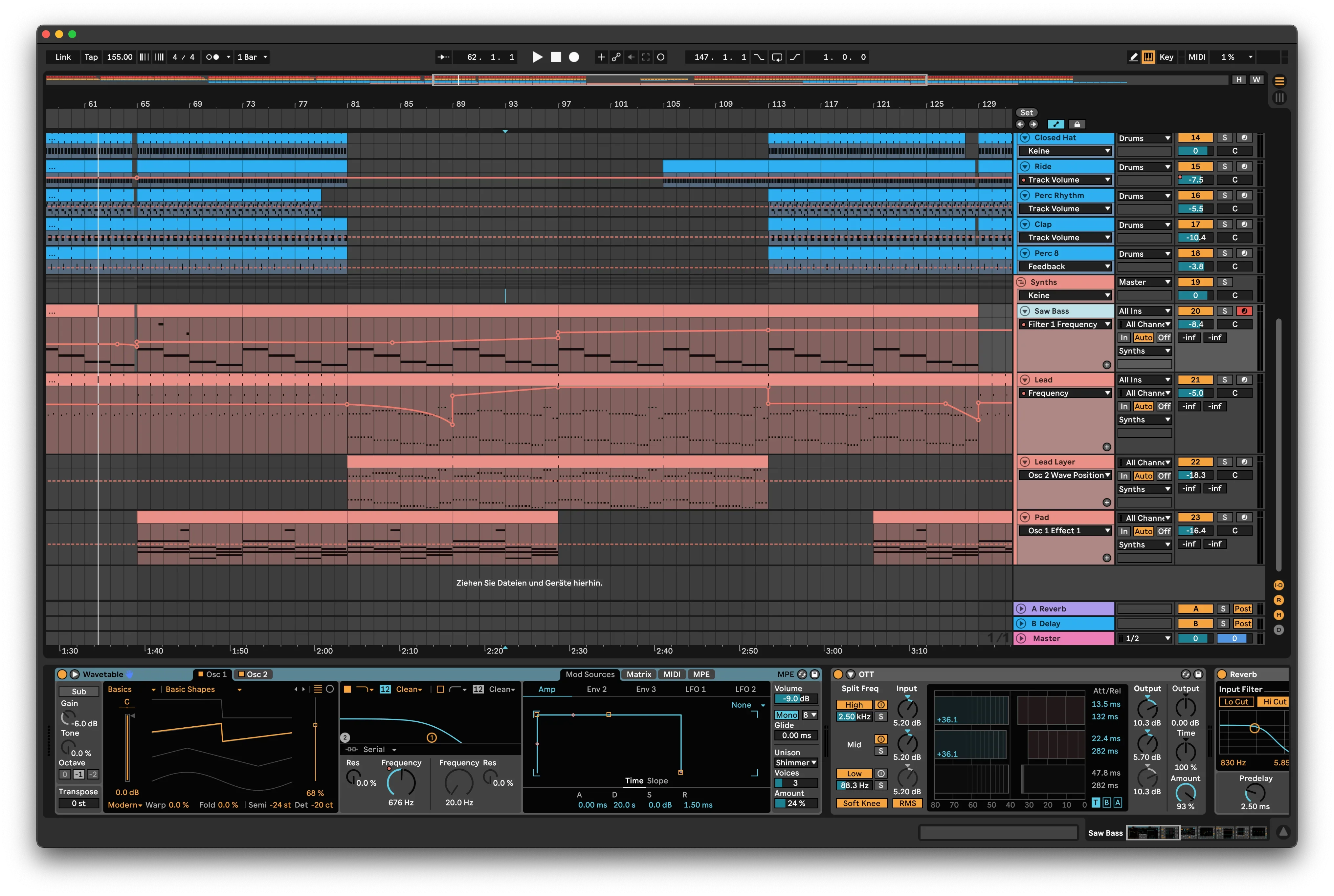 Ableton Live project with hard techno and industrial techno tracks, synths and drum layers