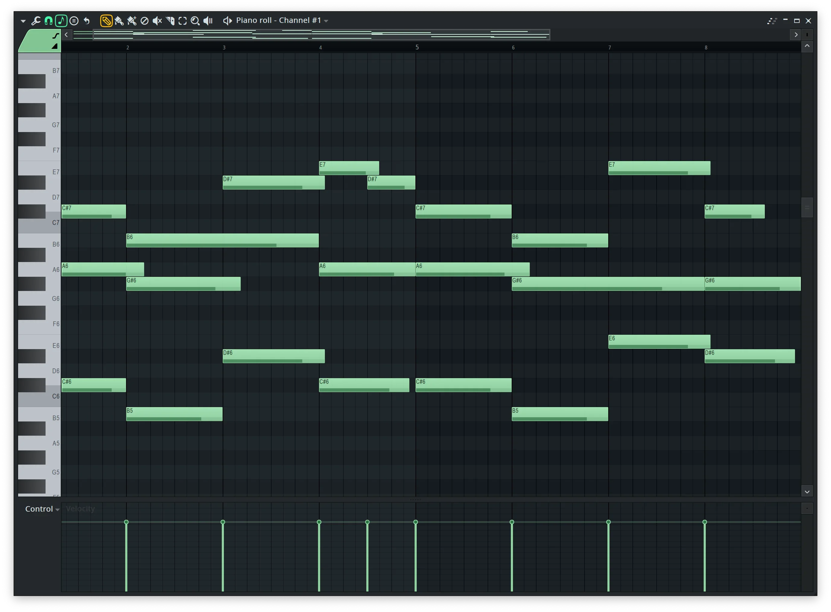 FL Studio piano roll showing a hard techno MIDI melody pattern with multiple notes and velocities.