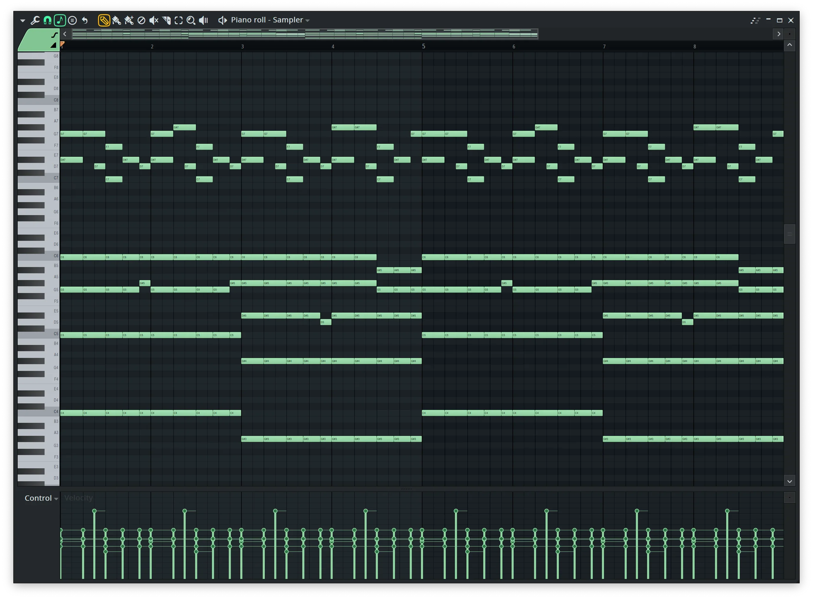 FL Studio piano roll showing a hard techno MIDI pattern with heavy drums and synths