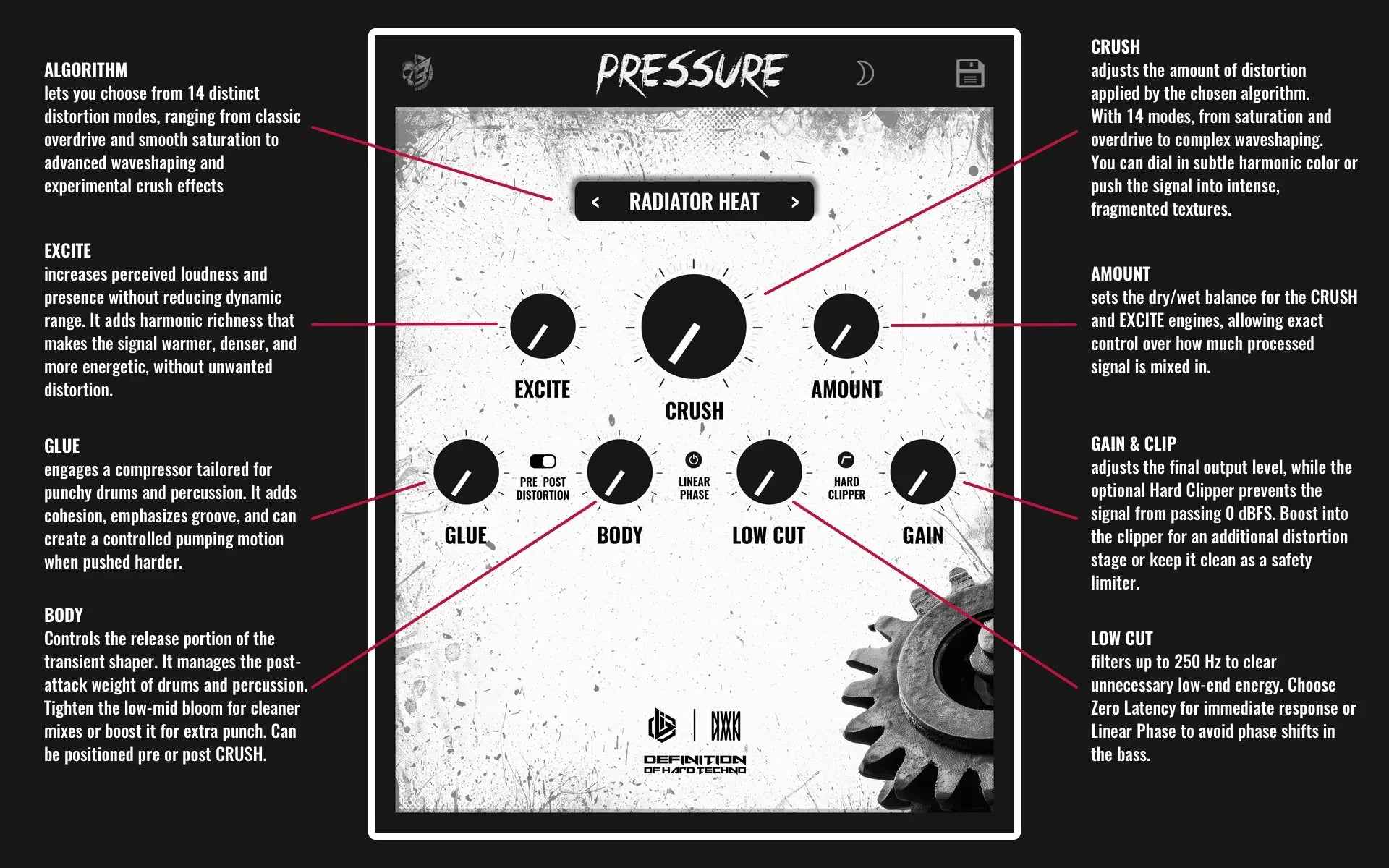 Hard techno audio plugin interface with controls for distortion, compression, and EQ, ideal for punchy drums.
