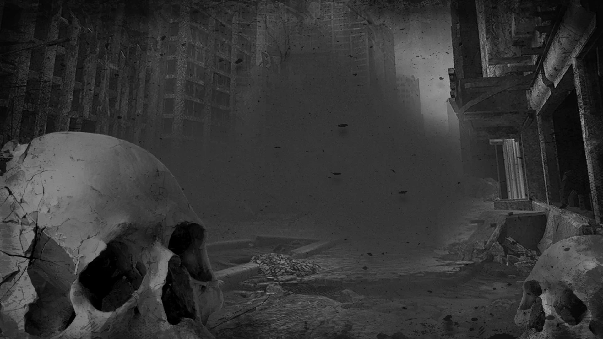 Dark industrial city ruins with cracked skulls, evoking hard techno and industrial techno vibes