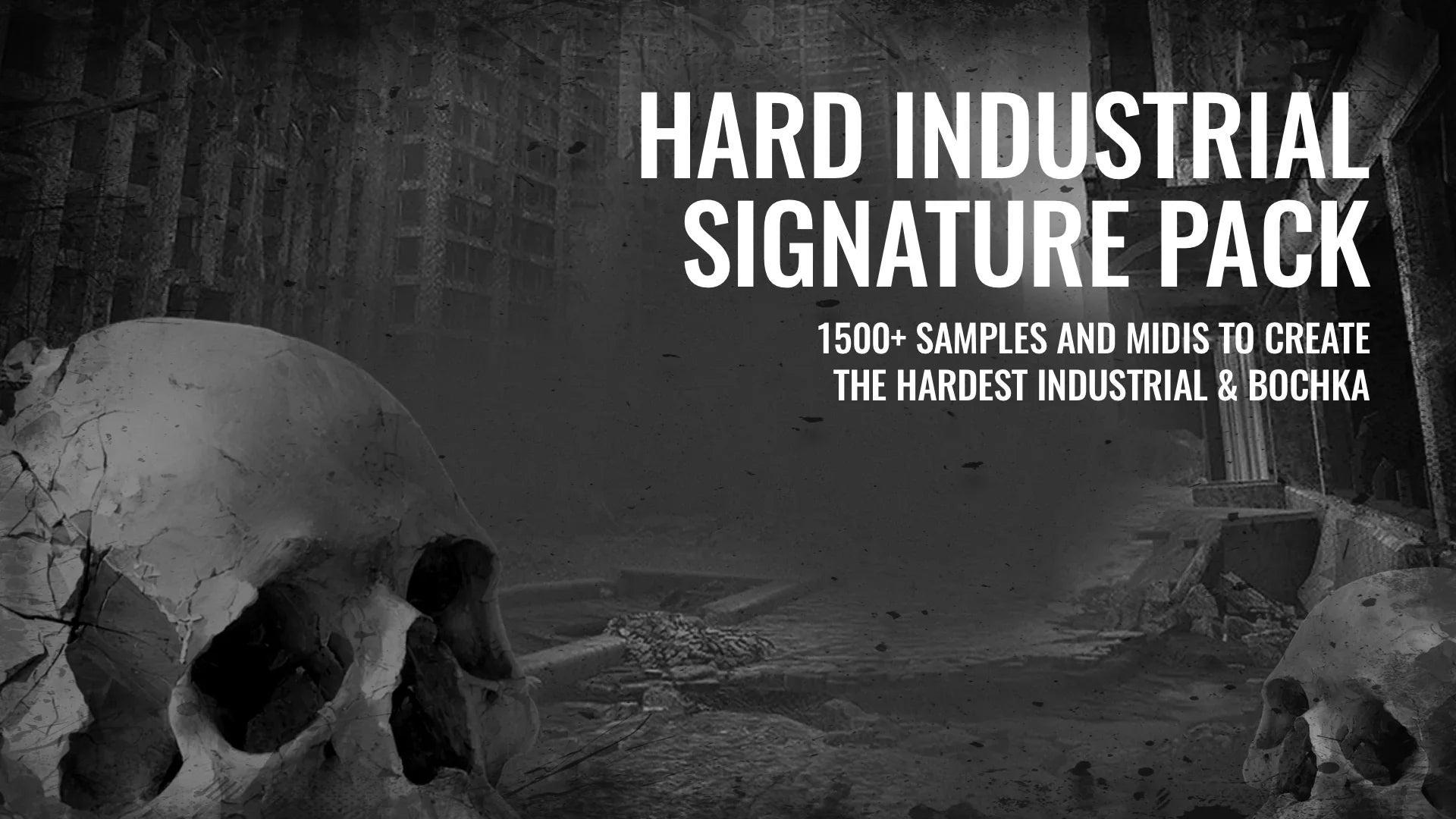 Grim industrial scene with cracked skulls, promoting Hard Industrial Signature sample pack.