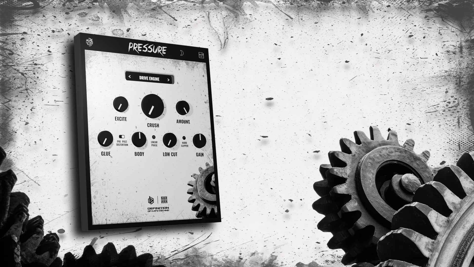 Hardtechno distortion plugin interface with industrial gears and grungy background