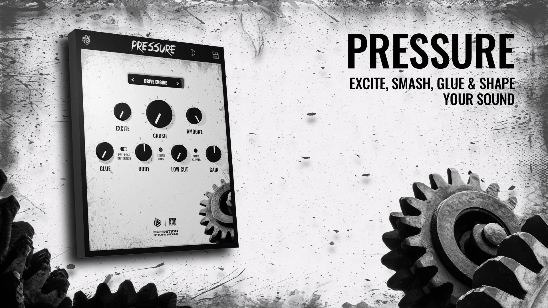 Hard techno VST plugin interface labeled 'Pressure' with industrial gears and grunge background.