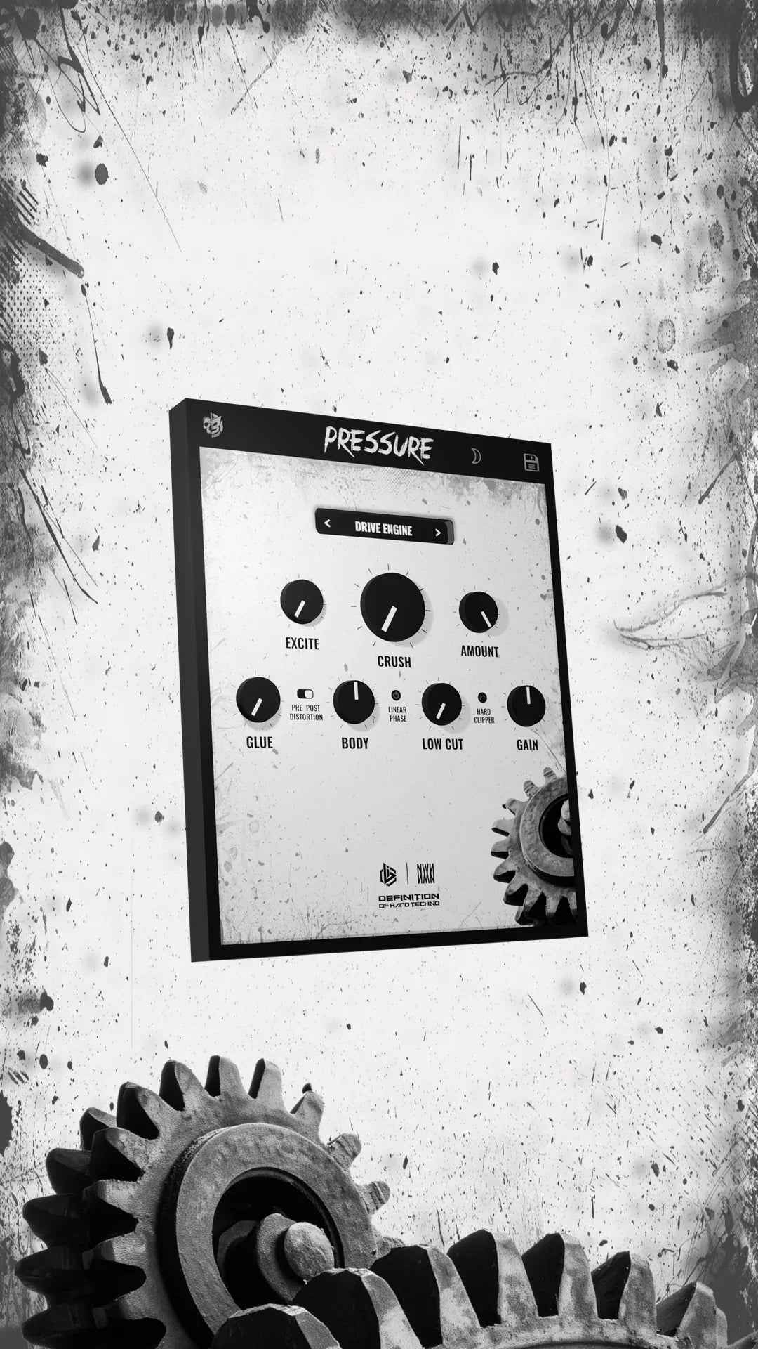 Hardtechno audio plugin interface labeled Pressure with grunge background and metal gears