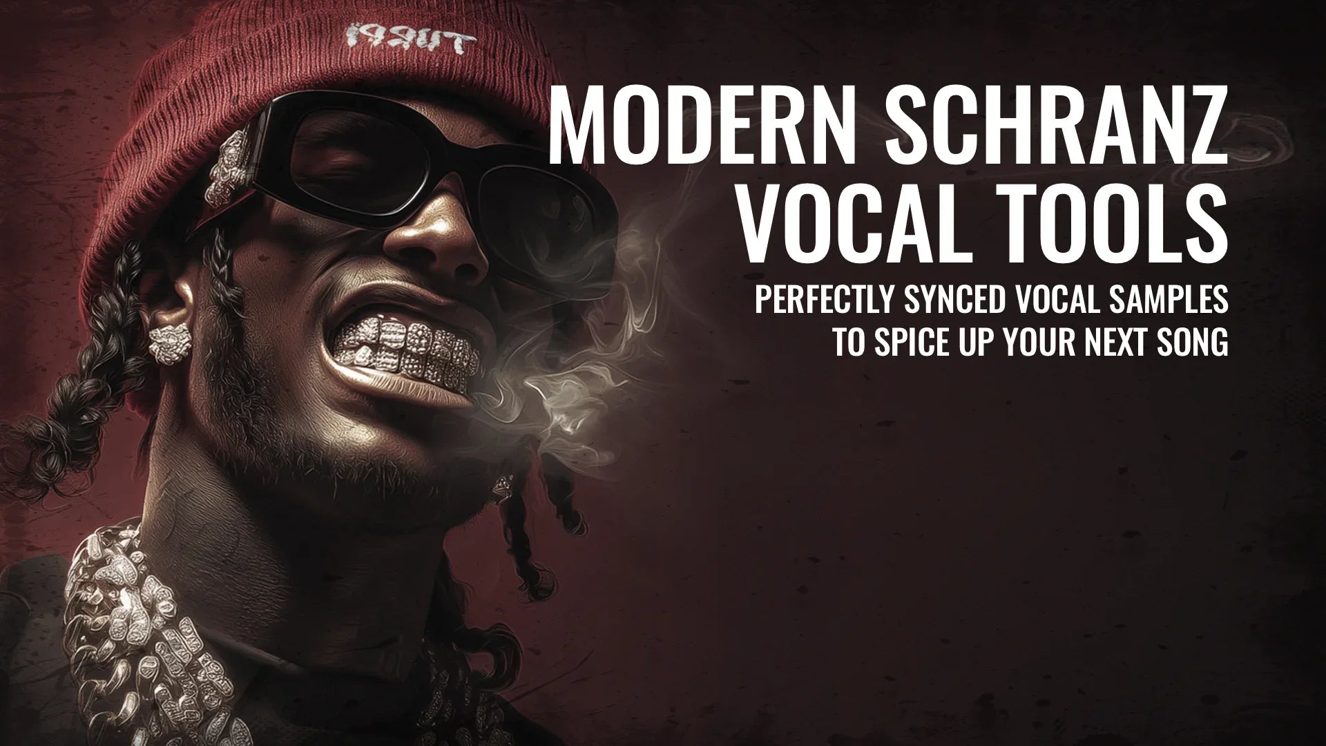 Hard techno sample pack promo featuring rapper with grillz, red beanie, and bold text for modern Schranz vocal tools