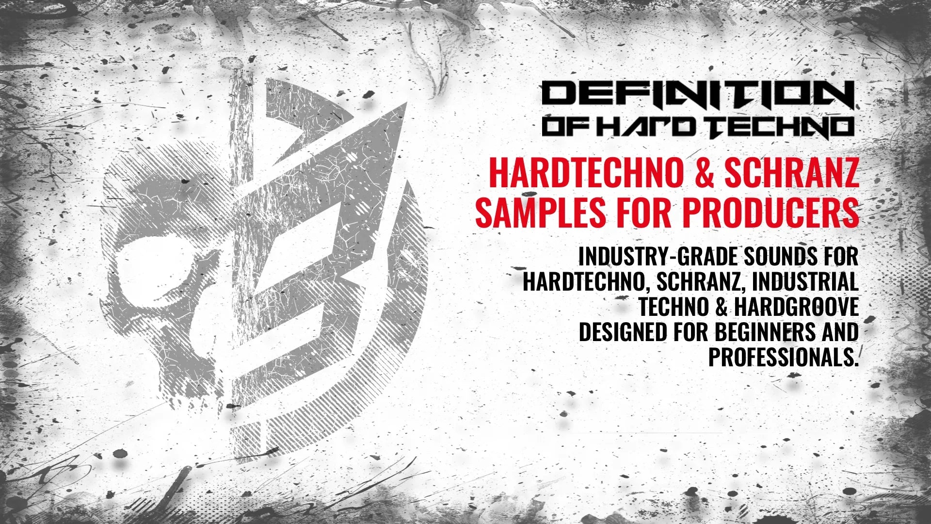 Hardtechno, schranz, industrial samples promo banner with skull graphic and grunge background, highlighting sample pack for producers