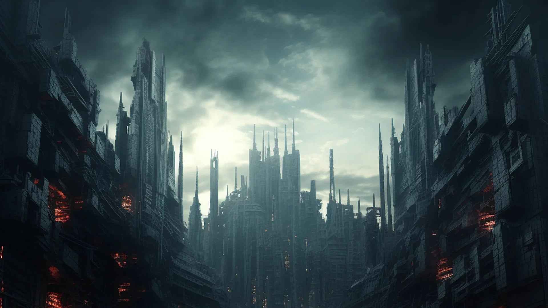 Futuristic industrial techno cityscape with towering dark buildings and dramatic cloudy sky