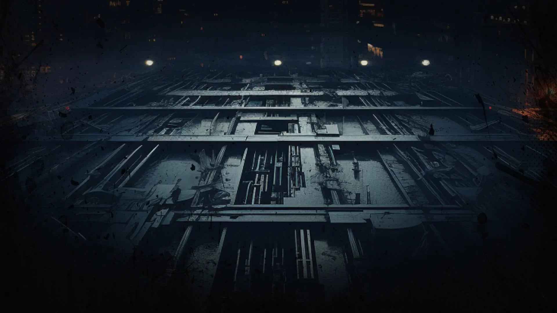 Dark industrial techno-inspired abstract cityscape with metallic structures and moody lighting
