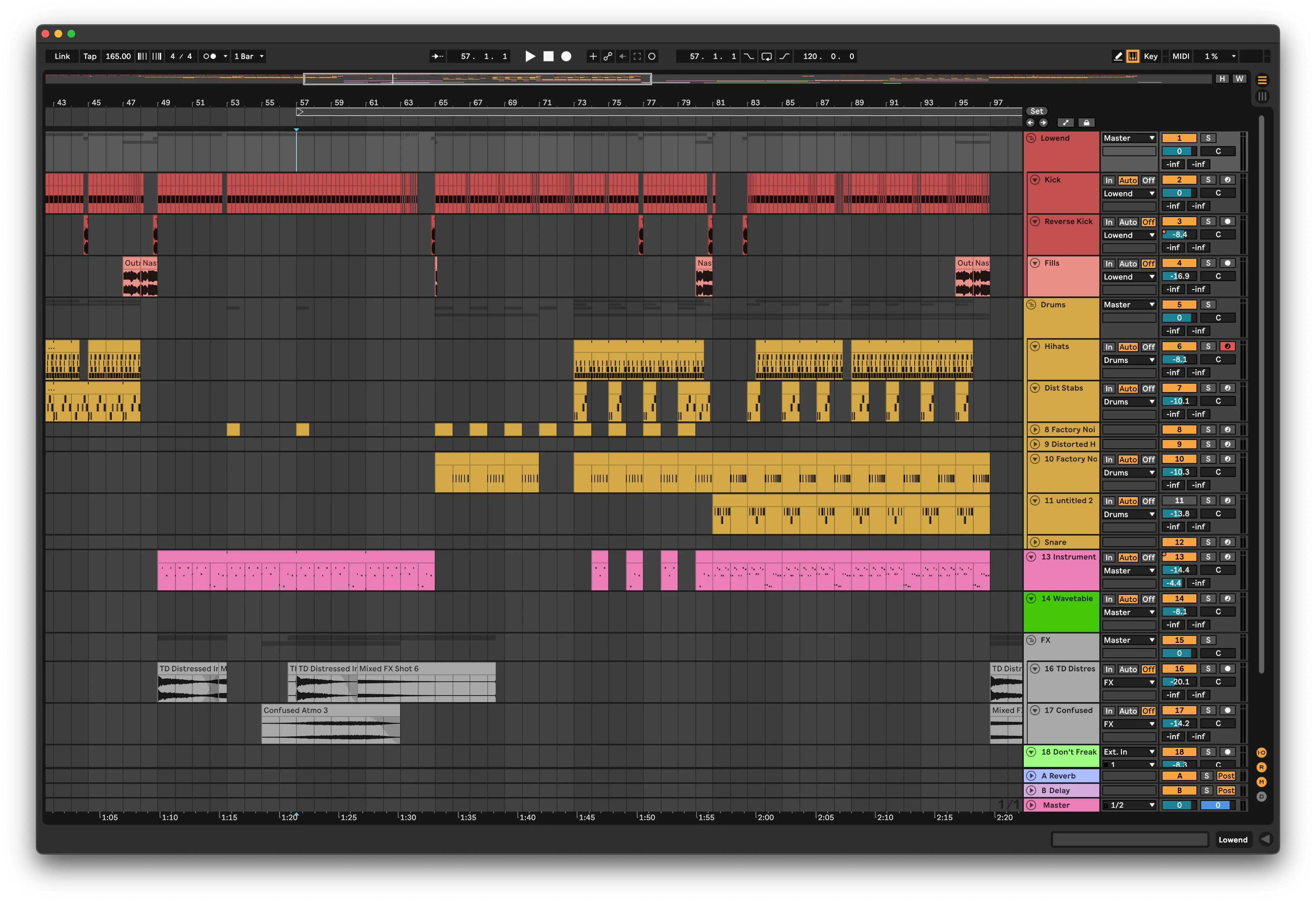 Ableton Live project screen showing hard techno and industrial techno track arrangement