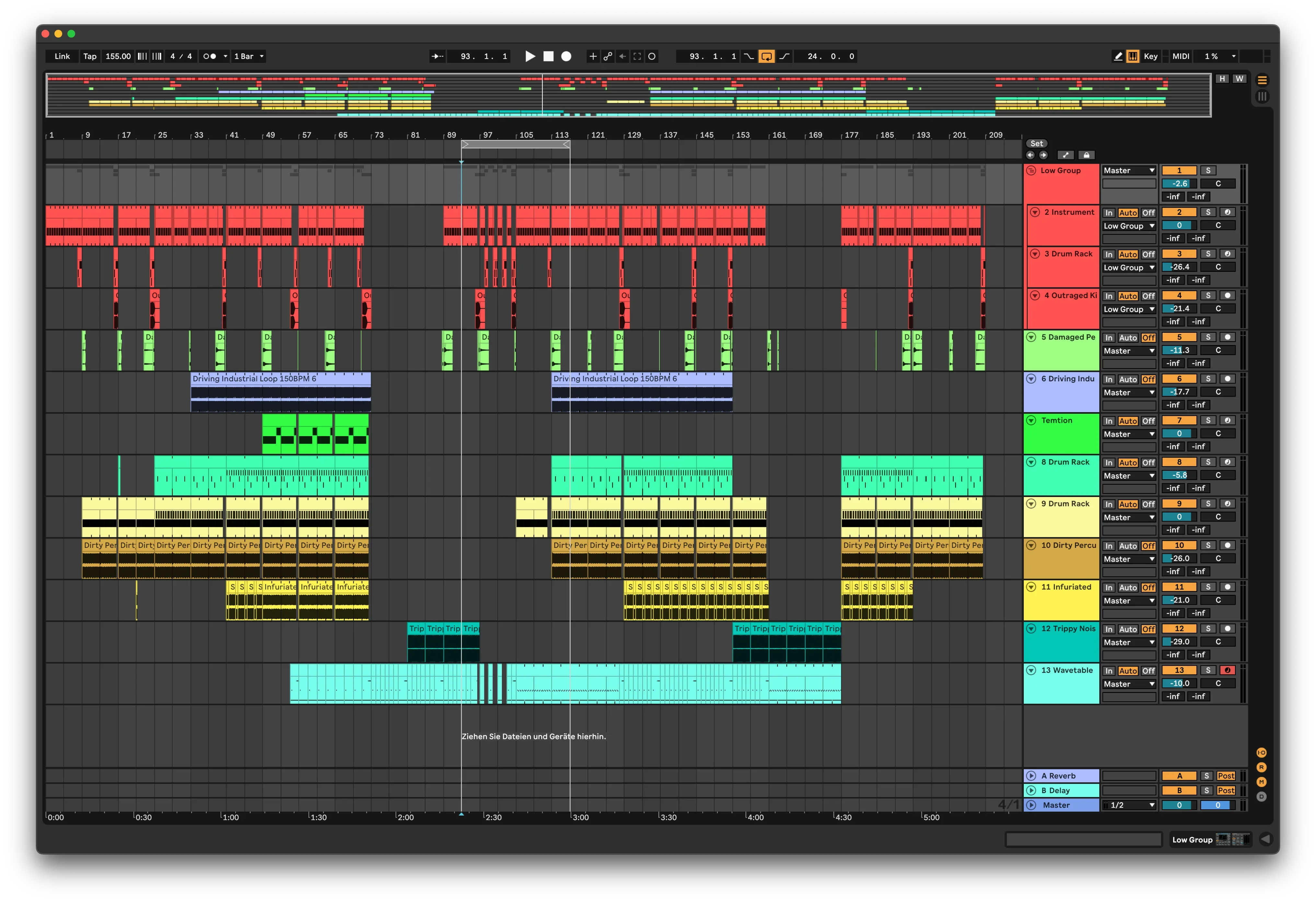 Ableton Live session displaying industrial techno track arrangement with colorful audio and MIDI tracks.