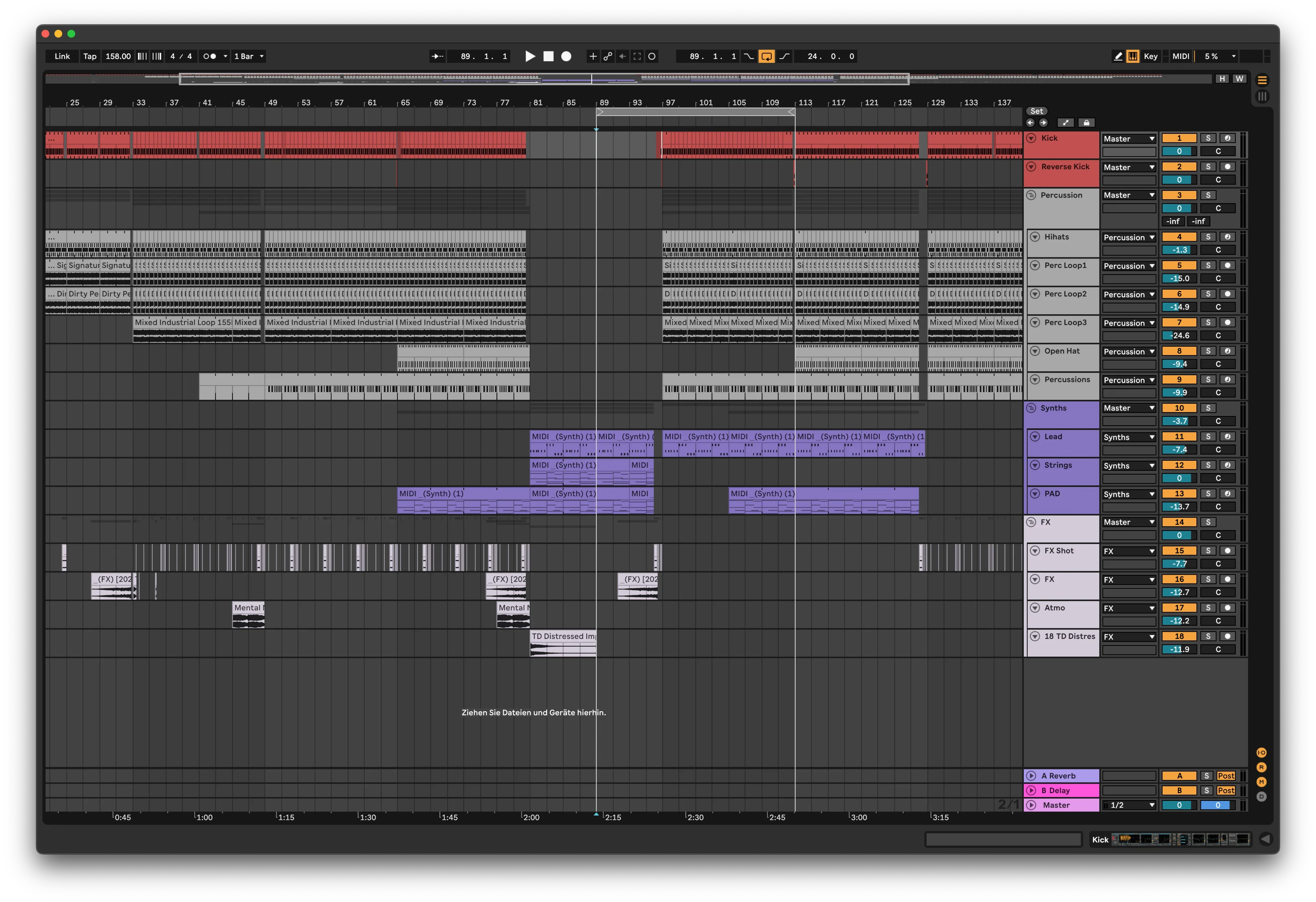 Ableton Live project file for industrial techno track with hard kicks, drums, synths, and FX layers
