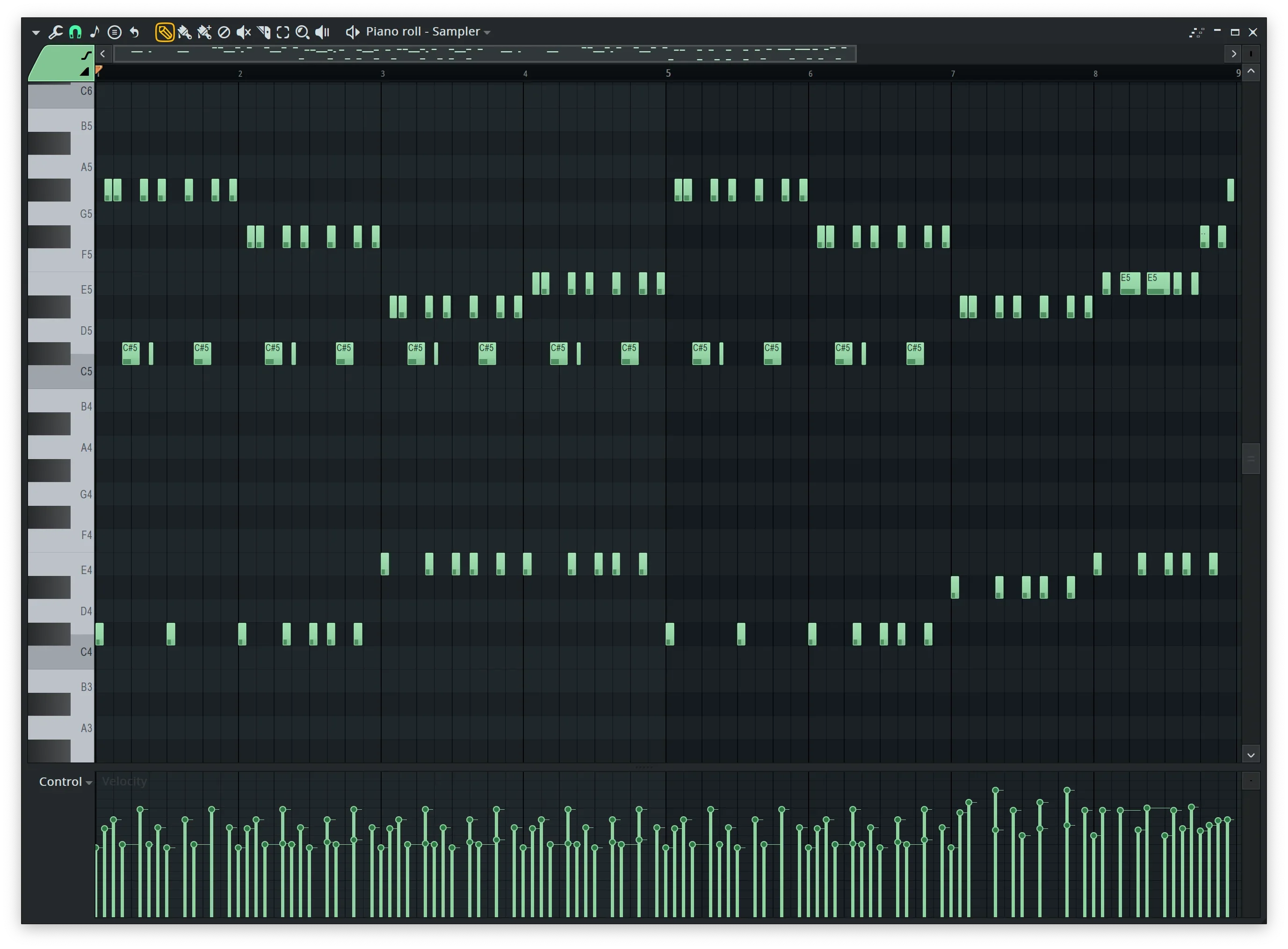 Hard techno piano roll MIDI sequence in music production software, showing multiple note patterns