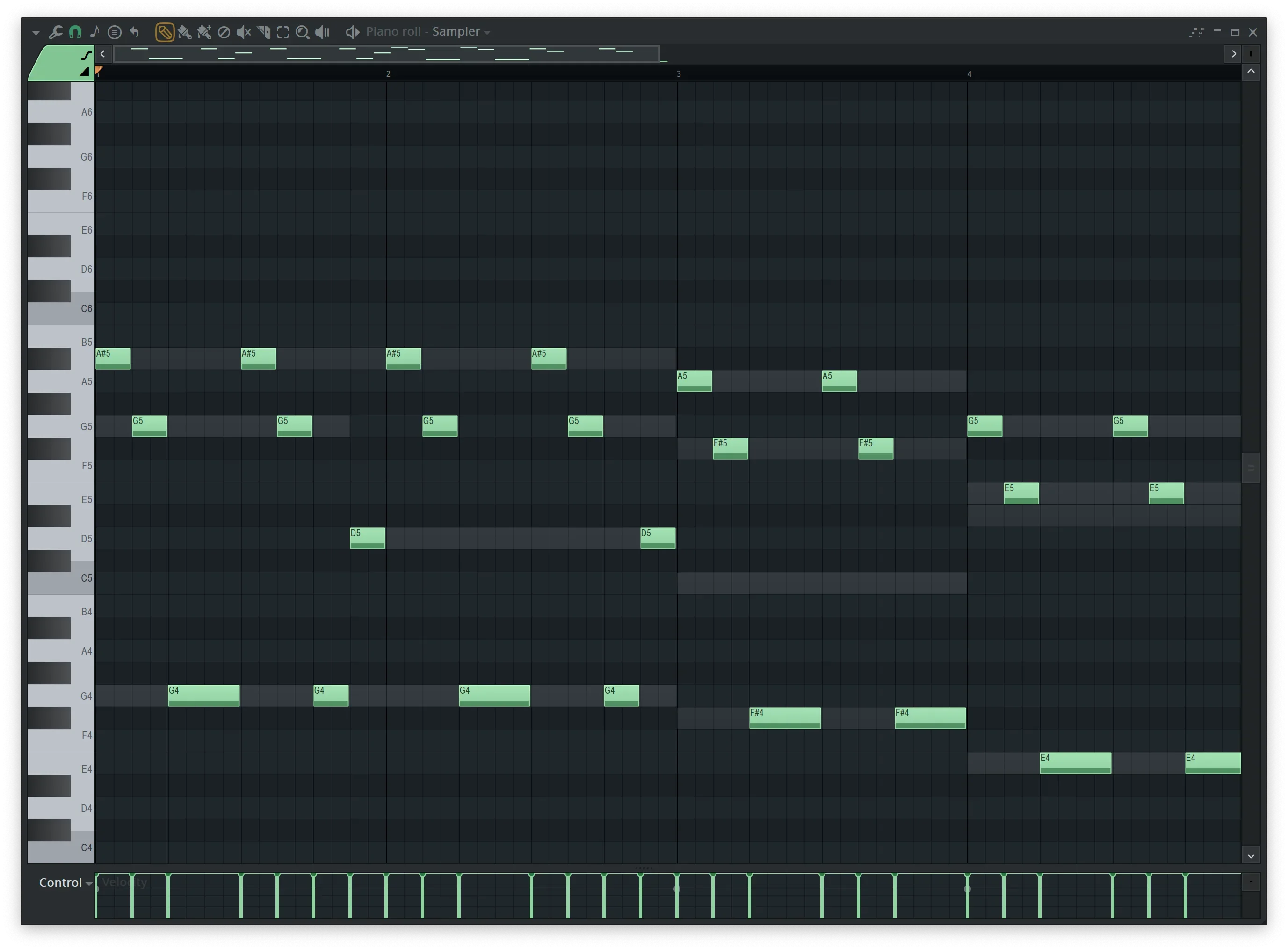 FL Studio piano roll showing a hard techno MIDI melody pattern with layered notes.